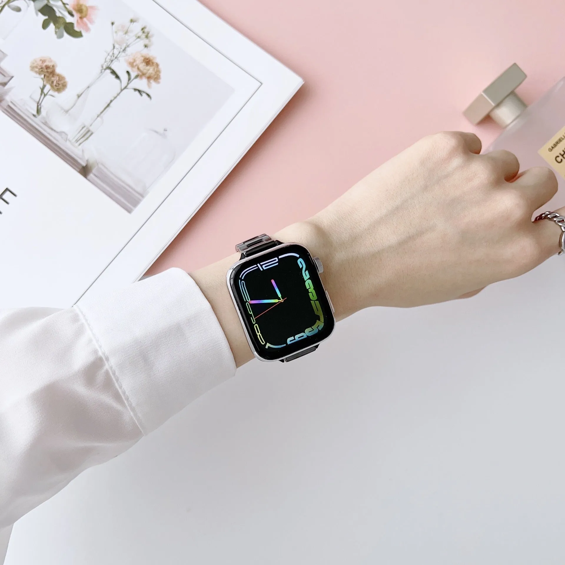 Stainless steel ceramic watch band for Apple Watch with three beads design, gold and black ceramic colour option