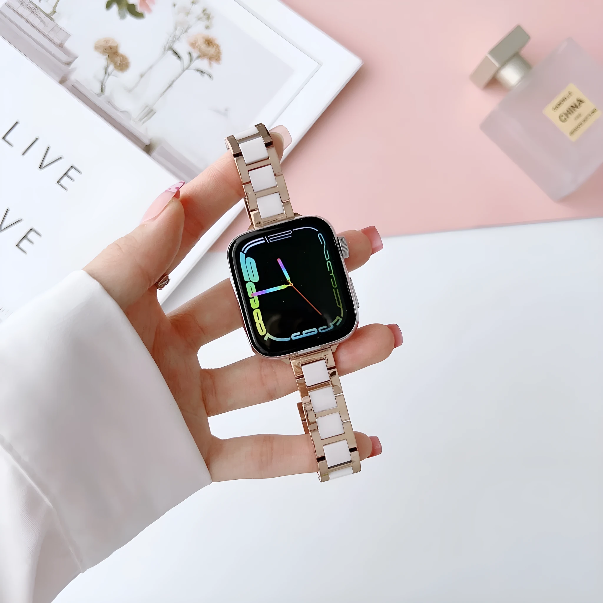 Stainless steel ceramic watch band for Apple Watch with three beads design, gold and black ceramic colour option