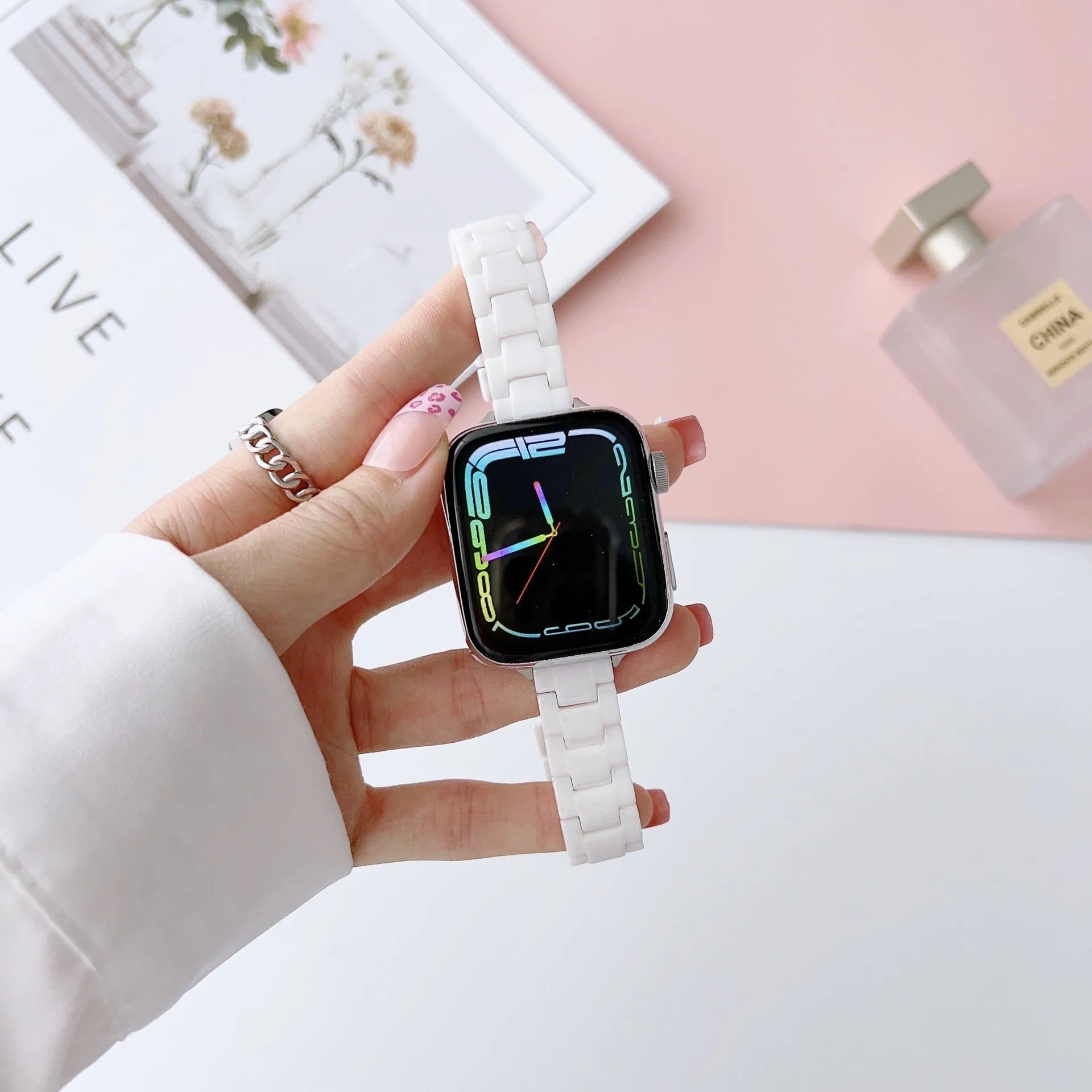 Stainless steel ceramic watch band for Apple Watch with three beads design, gold and black ceramic colour option