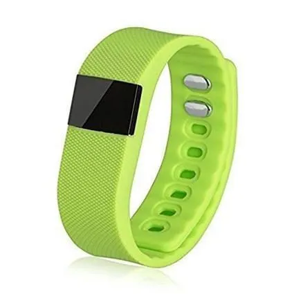 Ordinary wrist-worn pedometer bracelet in black, blue, green, orange, or yellow colours showing step counter display.