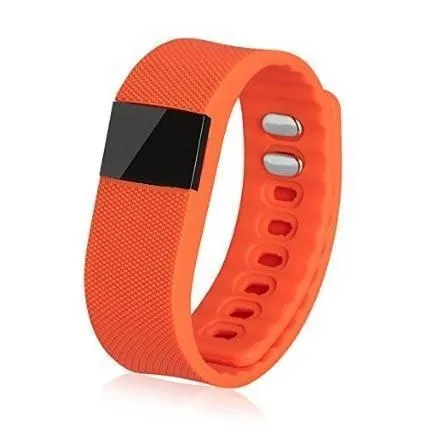 Ordinary wrist-worn pedometer bracelet in black, blue, green, orange, or yellow colours showing step counter display.