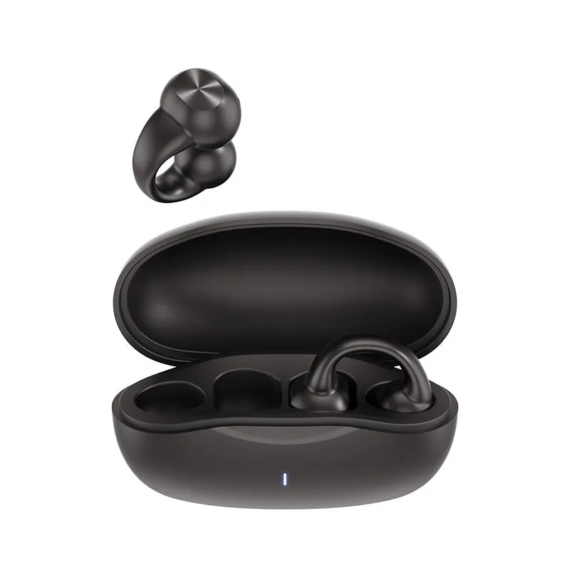 Clip-on sports wireless Bluetooth headset with digital display, black colour, worn on ear