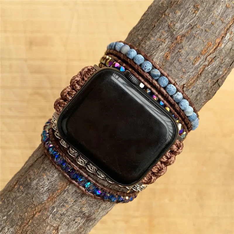 Natural agate woven bohemian watch band on a dark background, showing stone beads and bracelet style