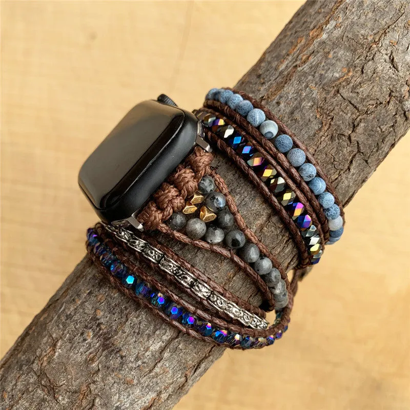 Natural agate woven bohemian watch band on a dark background, showing stone beads and bracelet style