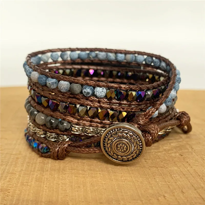 Natural agate woven bohemian watch band on a dark background, showing stone beads and bracelet style