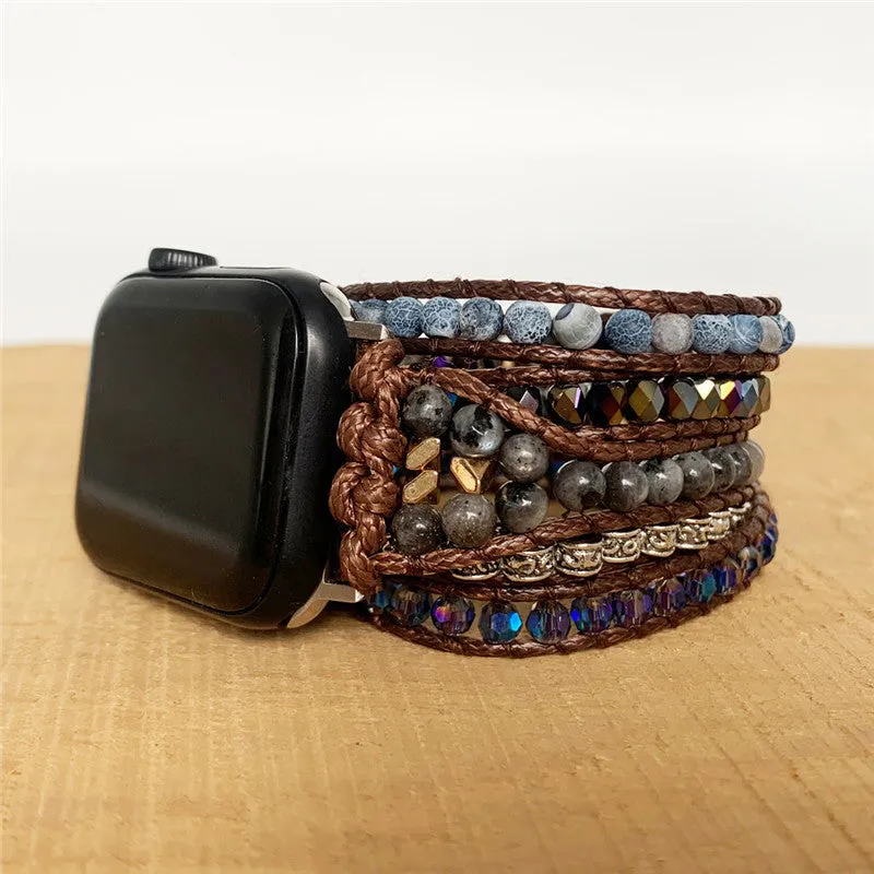 Natural agate woven bohemian watch band on a dark background, showing stone beads and bracelet style