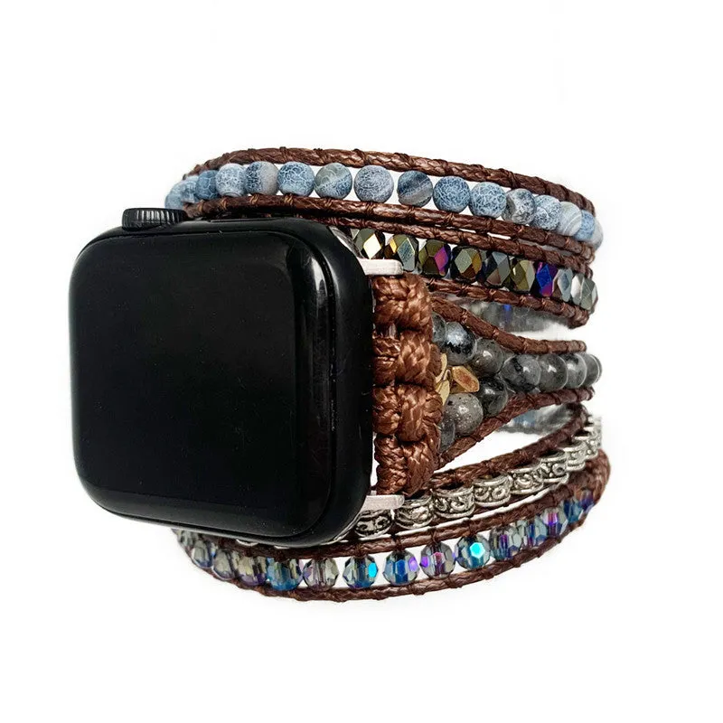 Natural agate woven bohemian watch band on a dark background, showing stone beads and bracelet style