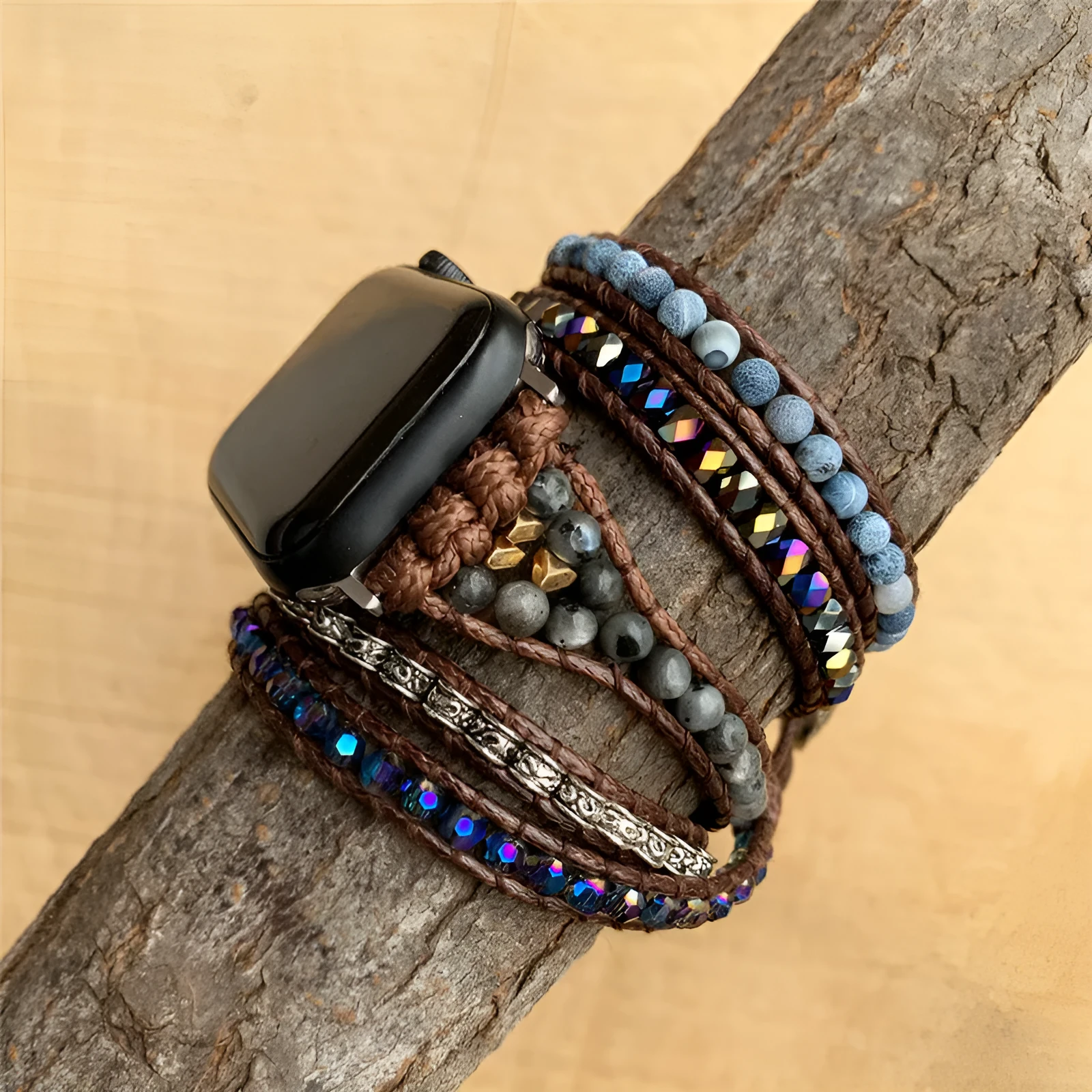 Natural agate woven bohemian watch band on a dark background, showing stone beads and bracelet style