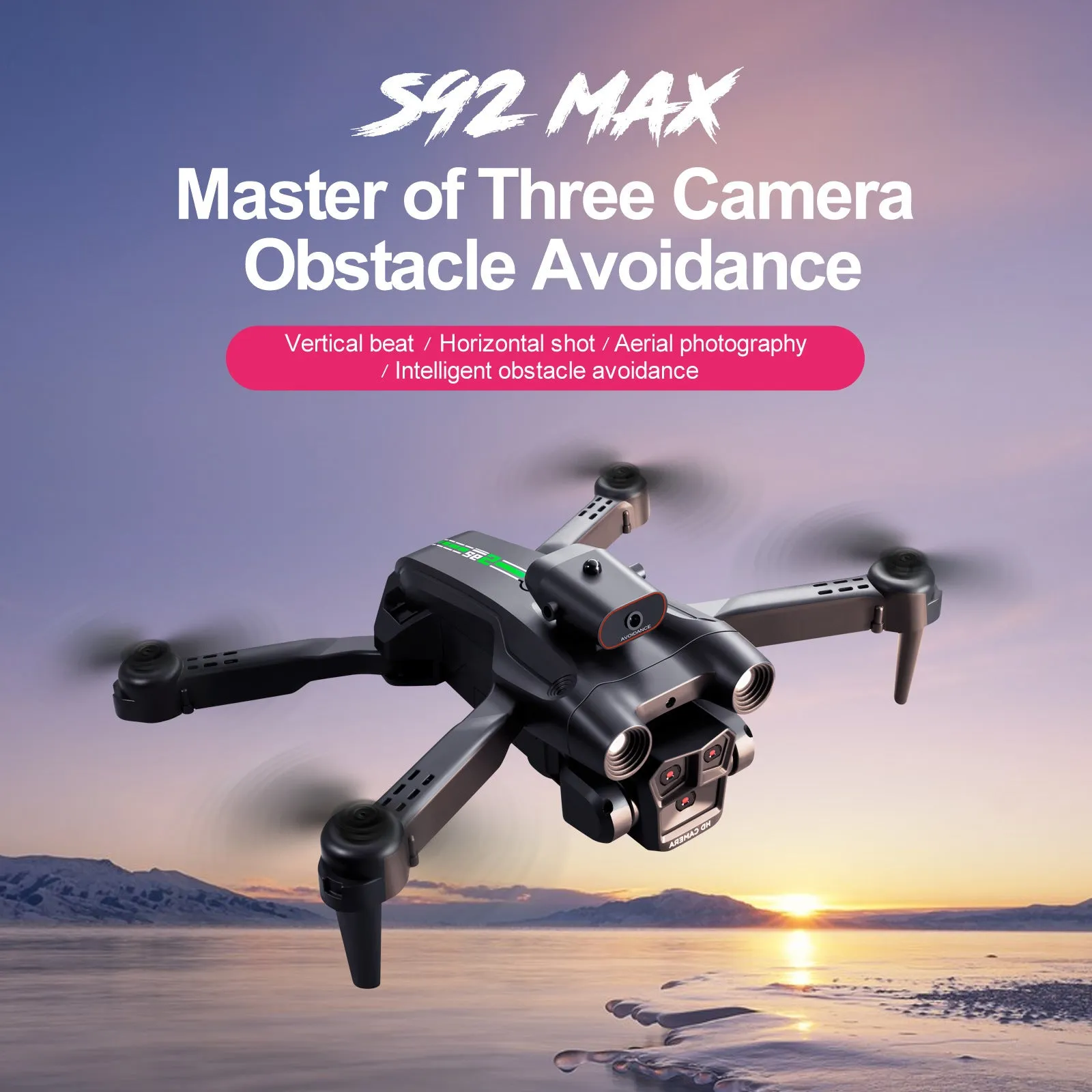 S92 remote-controlled quadcopter drone with three cameras and obstacle avoidance in black ribbon finish