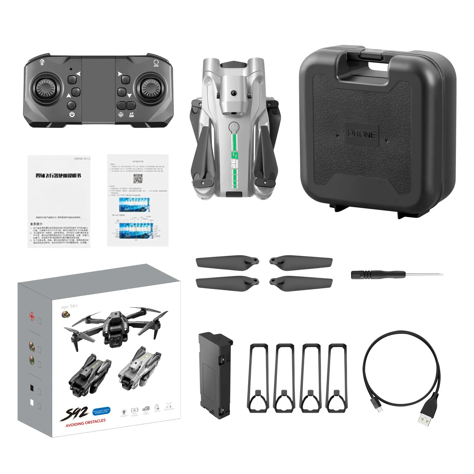 S92 remote-controlled quadcopter drone with three cameras and obstacle avoidance in black ribbon finish