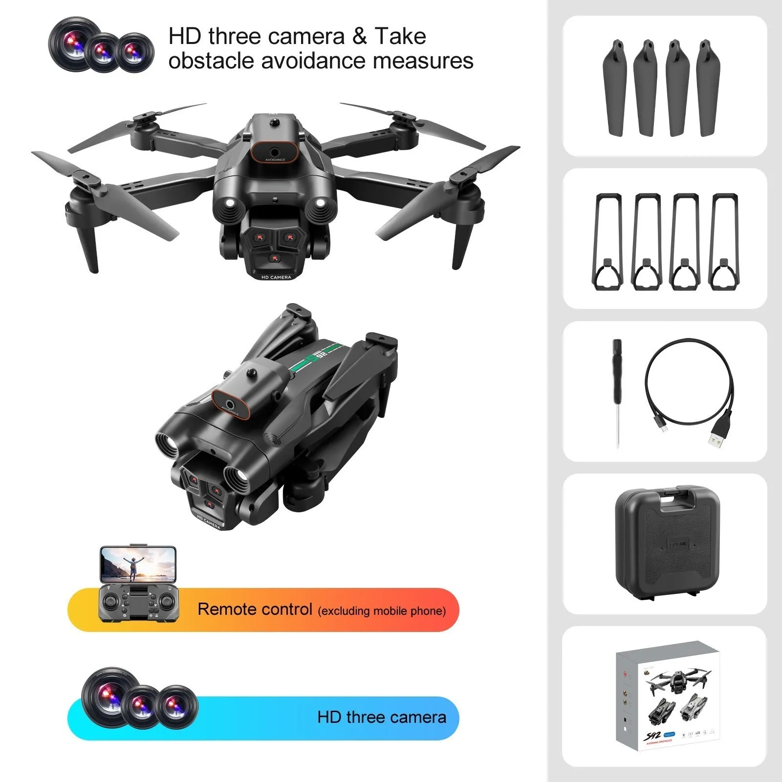 S92 remote-controlled quadcopter drone with three cameras and obstacle avoidance in black ribbon finish