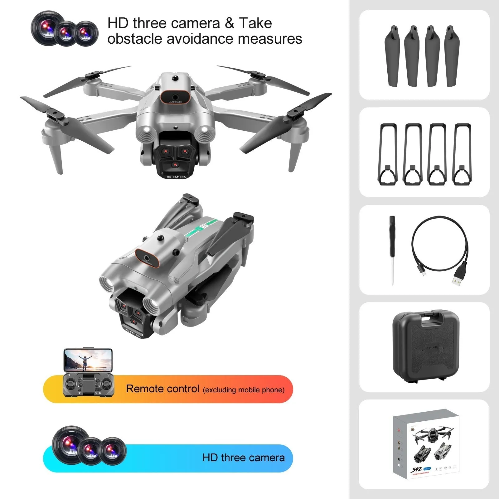 S92 remote-controlled quadcopter drone with three cameras and obstacle avoidance in black ribbon finish