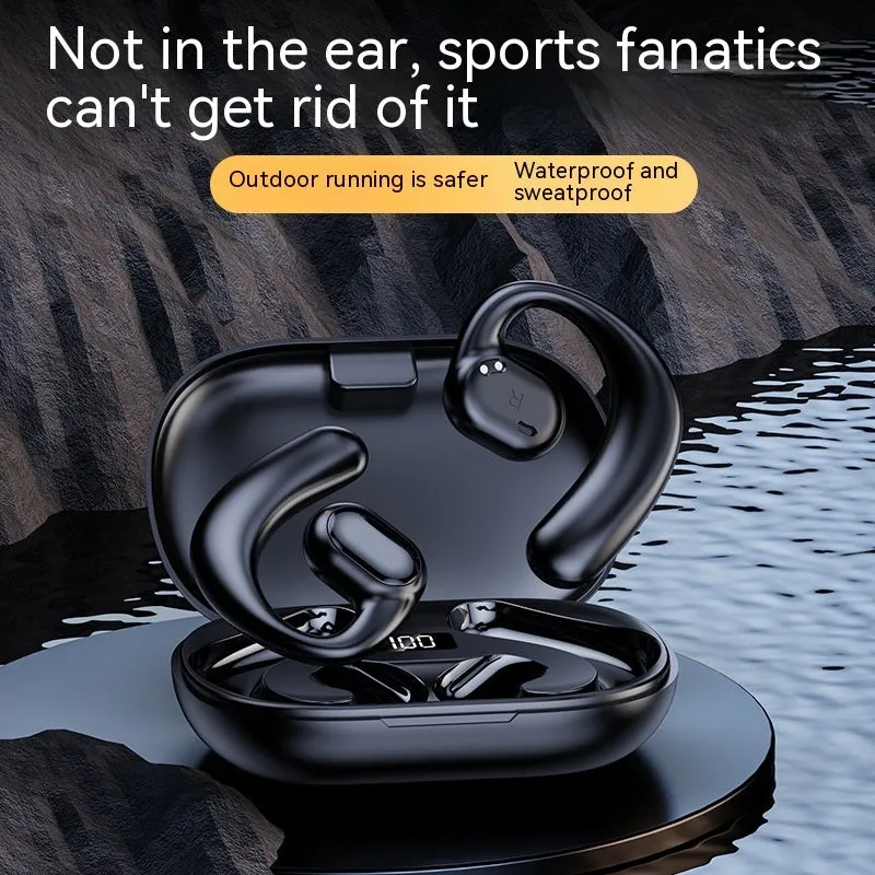 Non in-ear ear-mounted Bluetooth headset with cable, black, plastic build, digital display on side