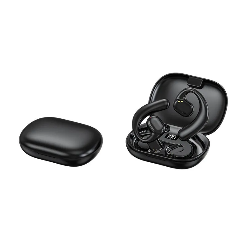 Non in-ear ear-mounted Bluetooth headset with cable, black, plastic build, digital display on side