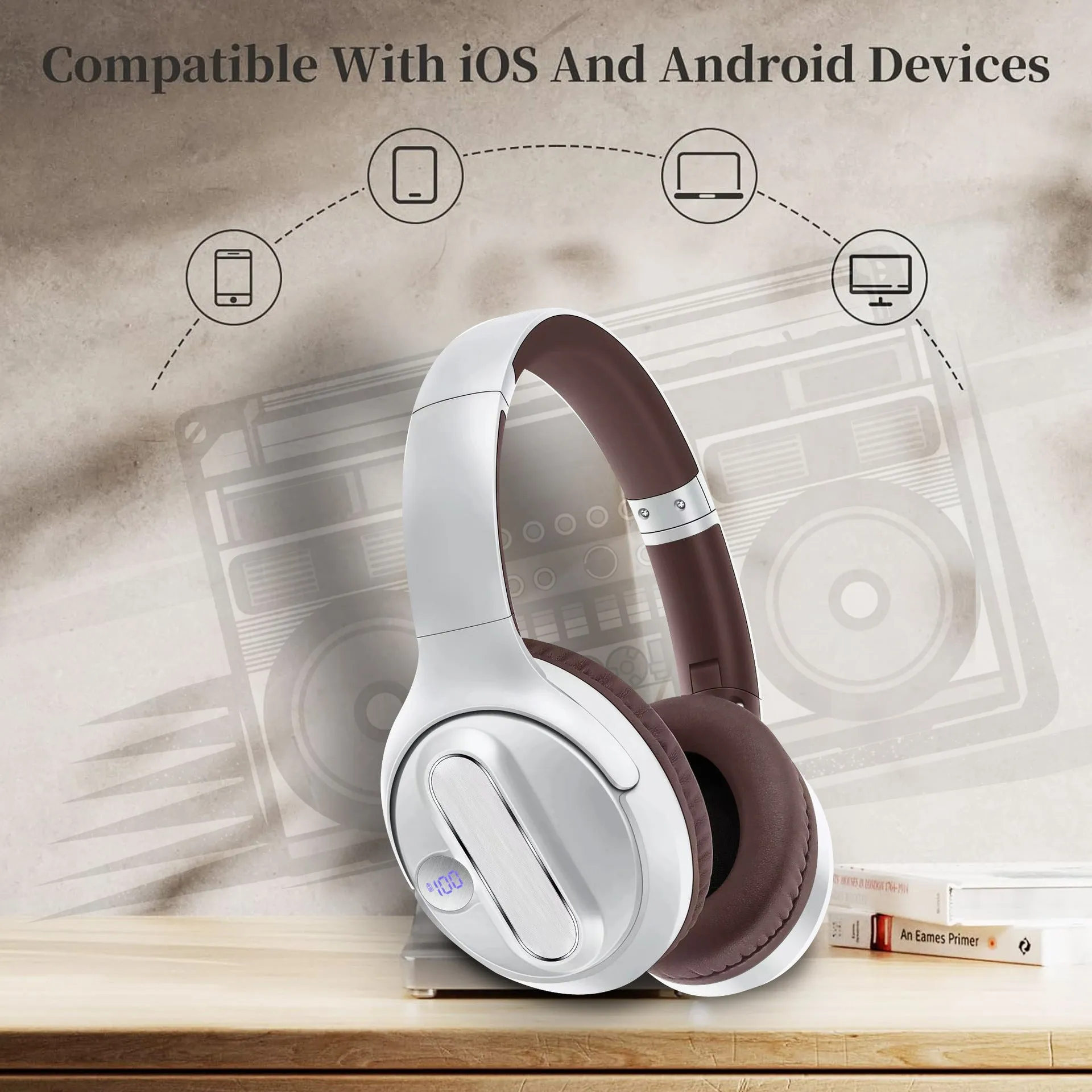 Retro wireless Bluetooth headset with digital power display in black plastic, head-mounted design