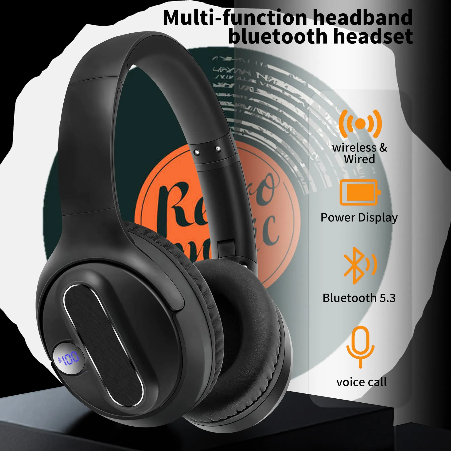 Retro wireless Bluetooth headset with digital power display in black plastic, head-mounted design