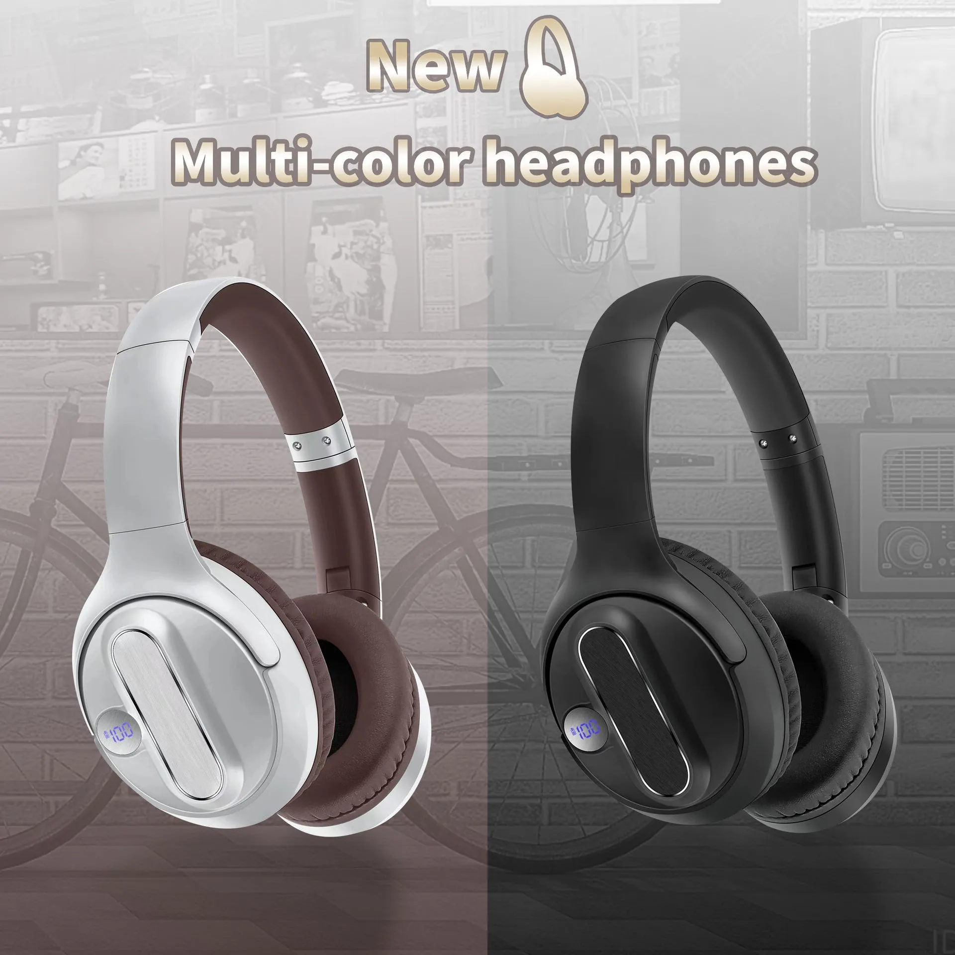 Retro wireless Bluetooth headset with digital power display in black plastic, head-mounted design