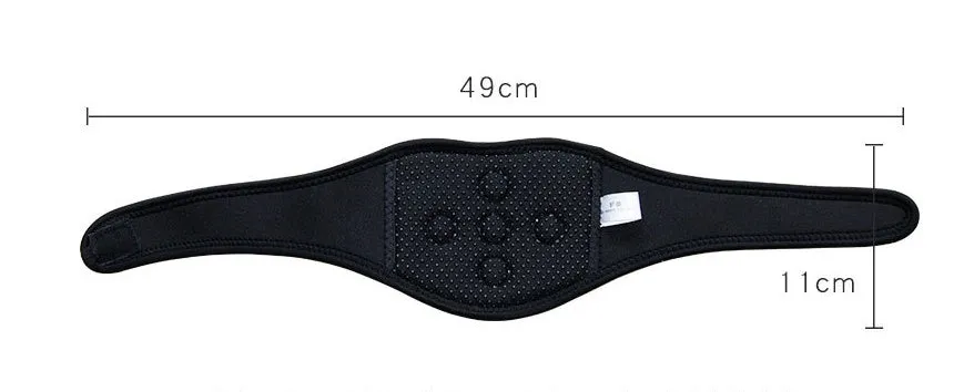 Black self-heating magnetic therapy neck guard with adjustable shoulder strap.