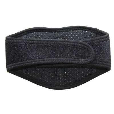 Black self-heating magnetic therapy neck guard with adjustable shoulder strap.