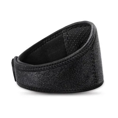 Black self-heating magnetic therapy neck guard with adjustable shoulder strap.