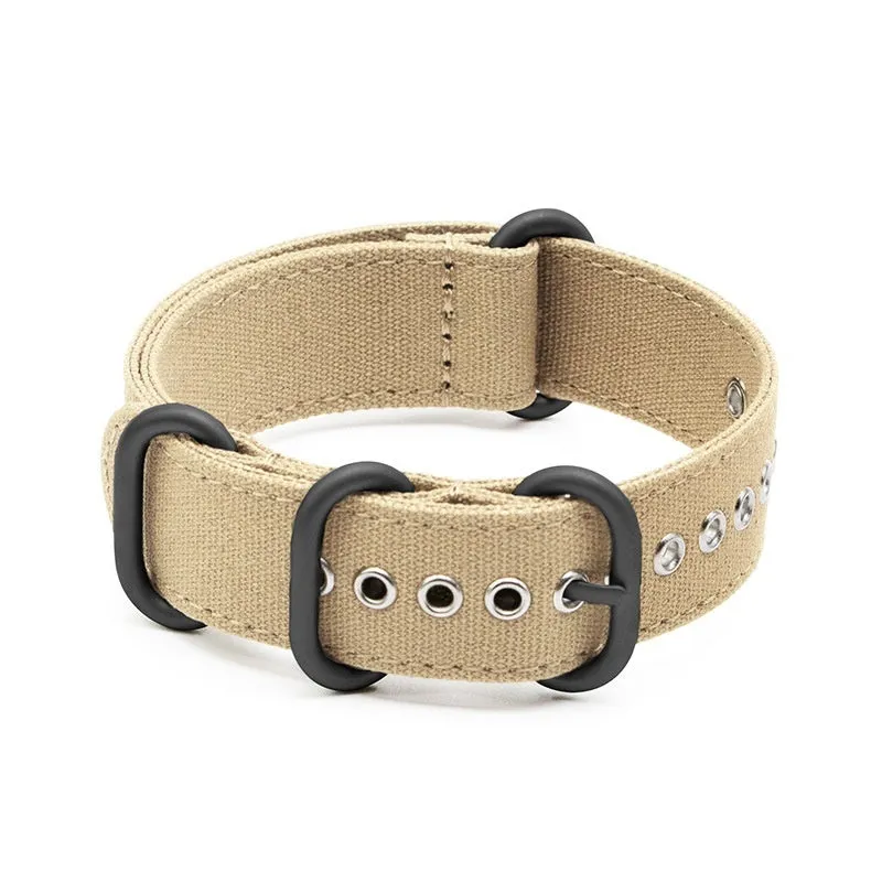 Canvas nylon thickened watch band in army green with silver buckle on a wrist