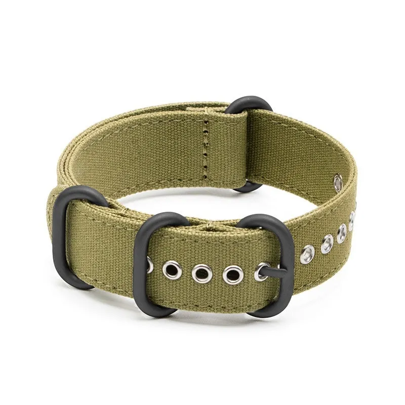 Canvas nylon thickened watch band in army green with silver buckle on a wrist
