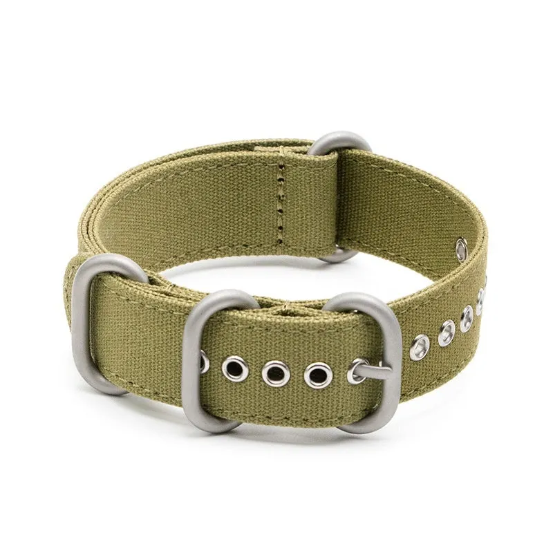 Canvas nylon thickened watch band in army green with silver buckle on a wrist