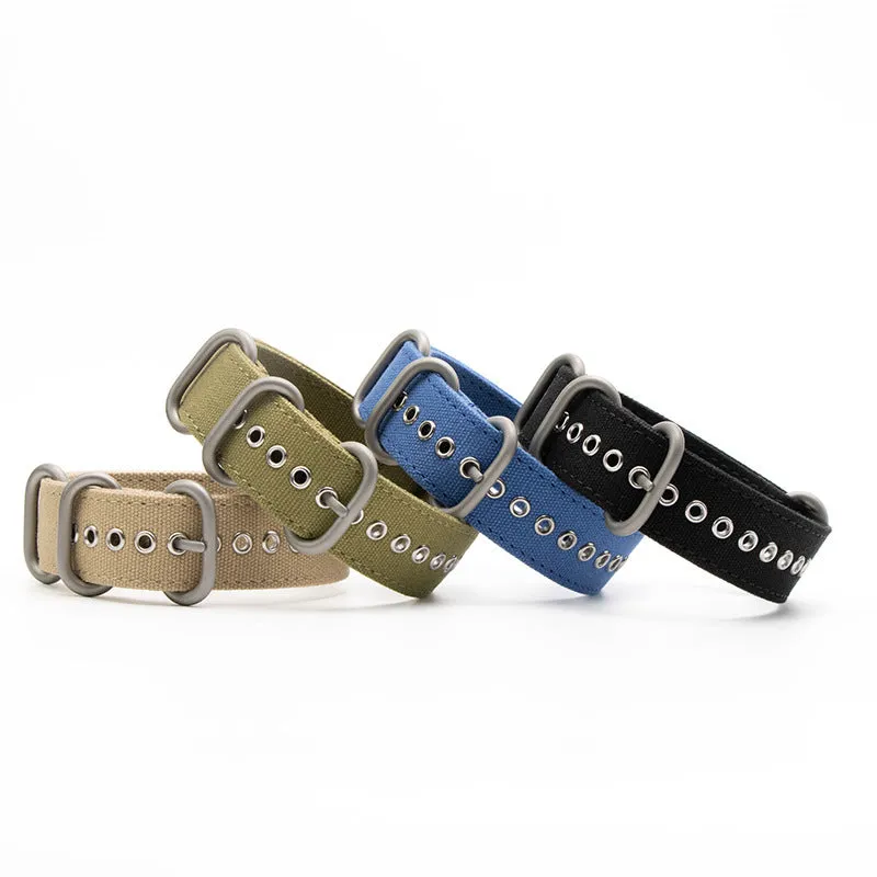 Canvas nylon thickened watch band in army green with silver buckle on a wrist