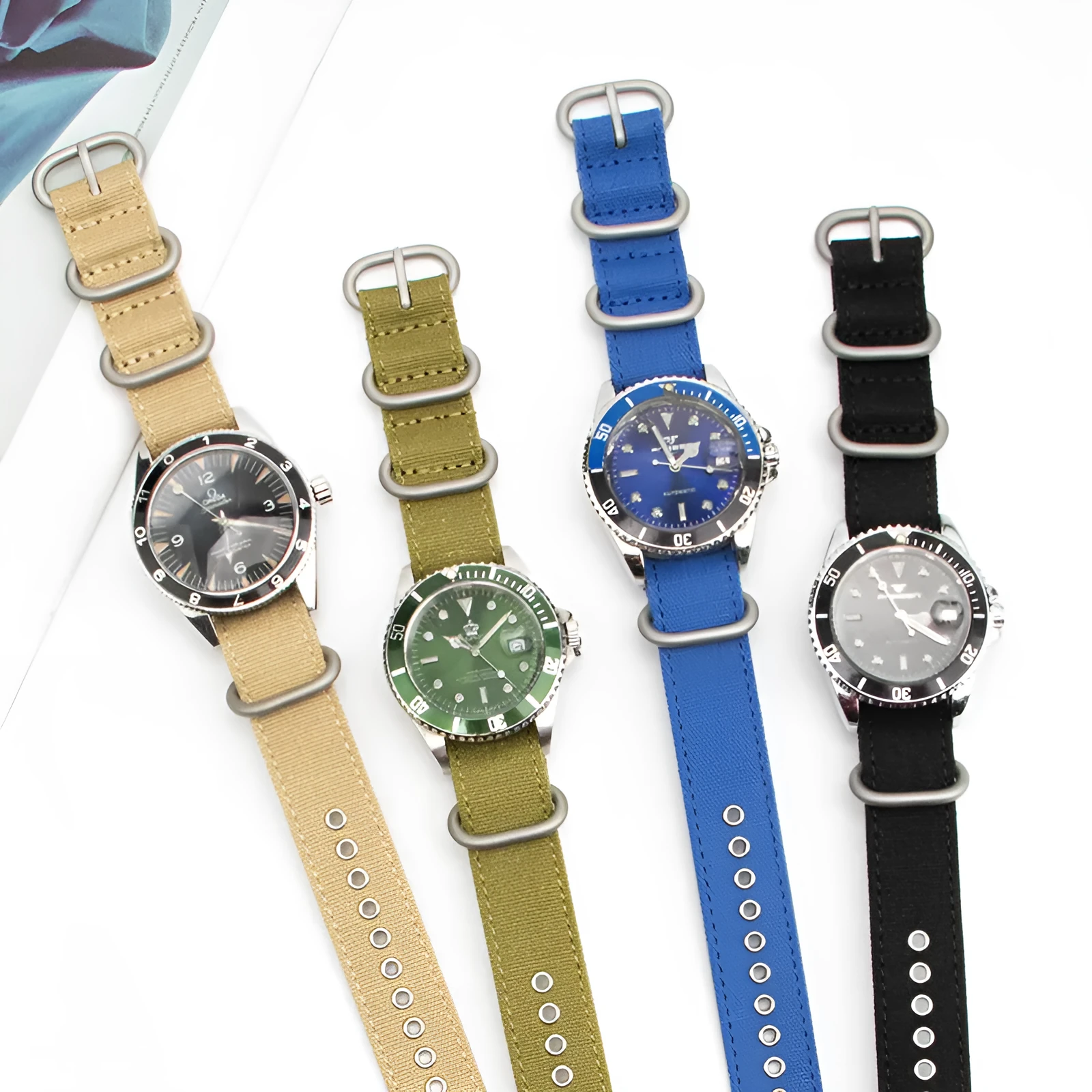 Canvas nylon thickened watch band in army green with silver buckle on a wrist