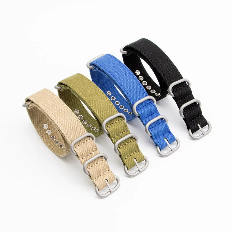 Canvas nylon thickened watch band in army green with silver buckle on a wrist