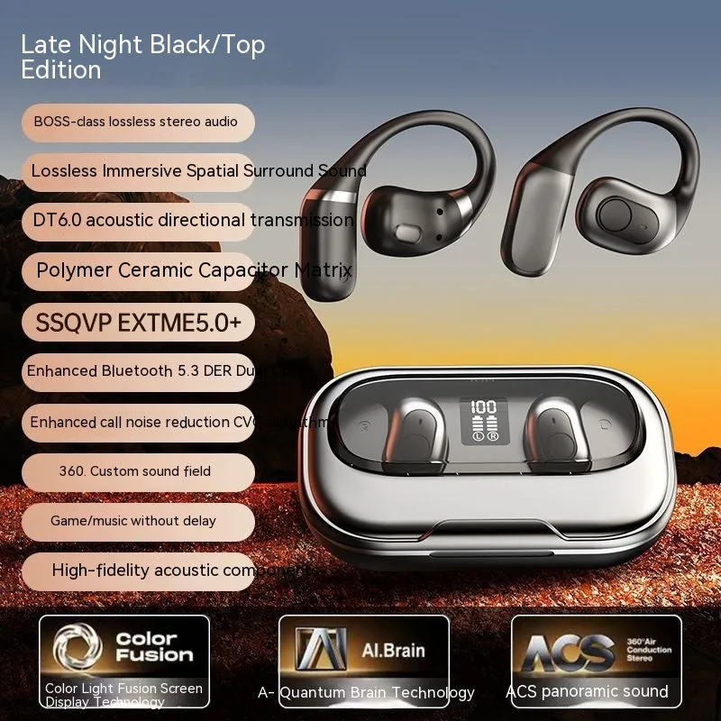 Ear-mounted sports Bluetooth headset with ear hook, PC ABS body, liquid silicone earpiece, in black – front view