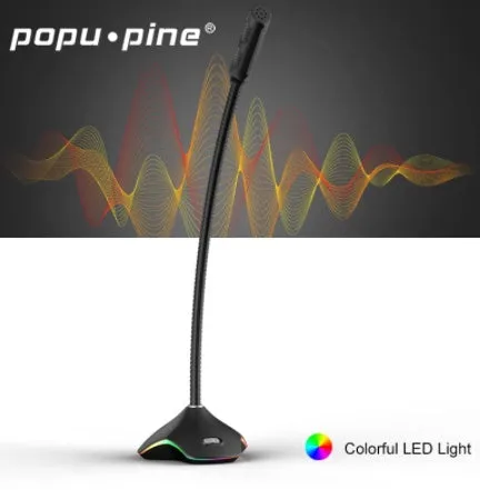 Black wired microphone with adjustable stand and foam windscreen on a desk.
