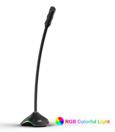 Black wired microphone with adjustable stand and foam windscreen on a desk.