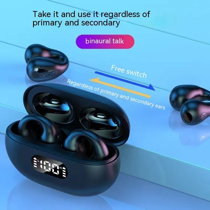 Non-in-ear clip wireless Bluetooth headset with air conduction in black plastic, ear hook style