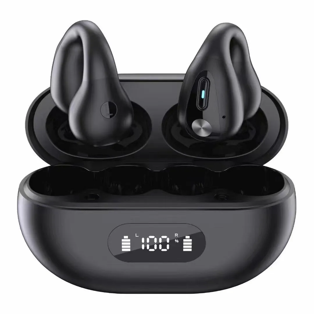 Non-in-ear clip wireless Bluetooth headset with air conduction in black plastic, ear hook style