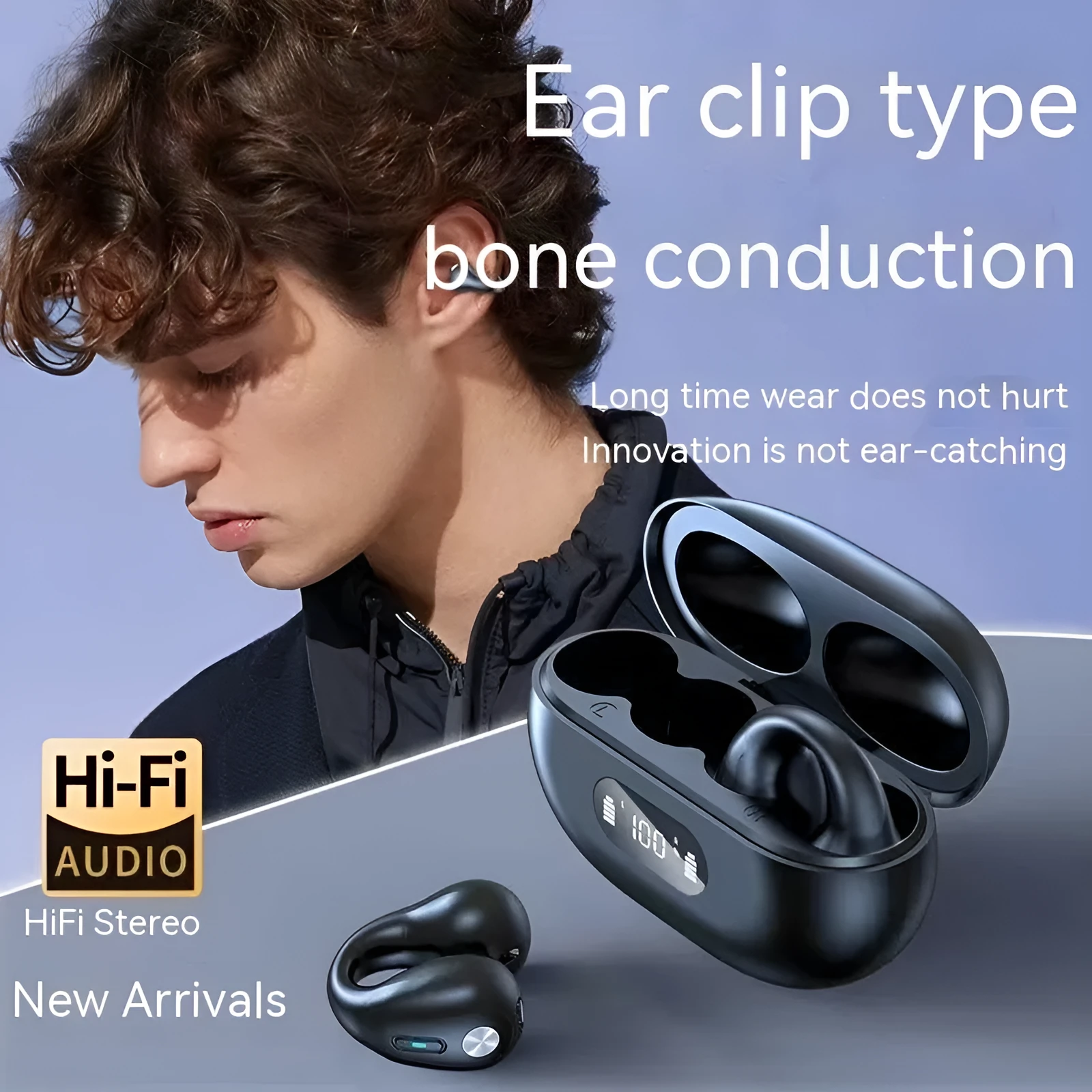 Non-in-ear clip wireless Bluetooth headset with air conduction in black plastic, ear hook style