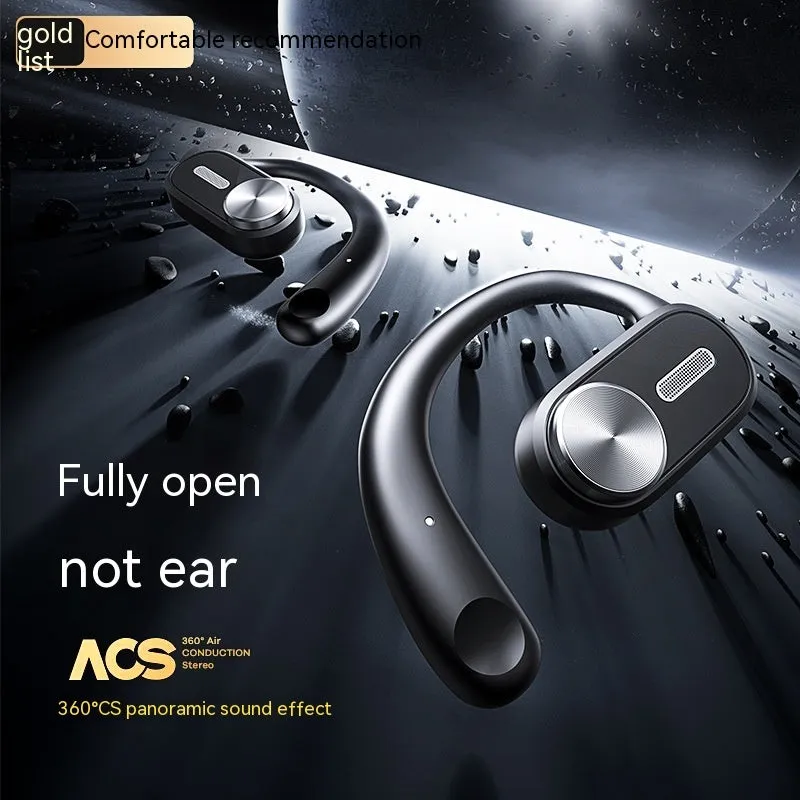OWS open Bluetooth headset in Elegant Black with ear hook design and charging case