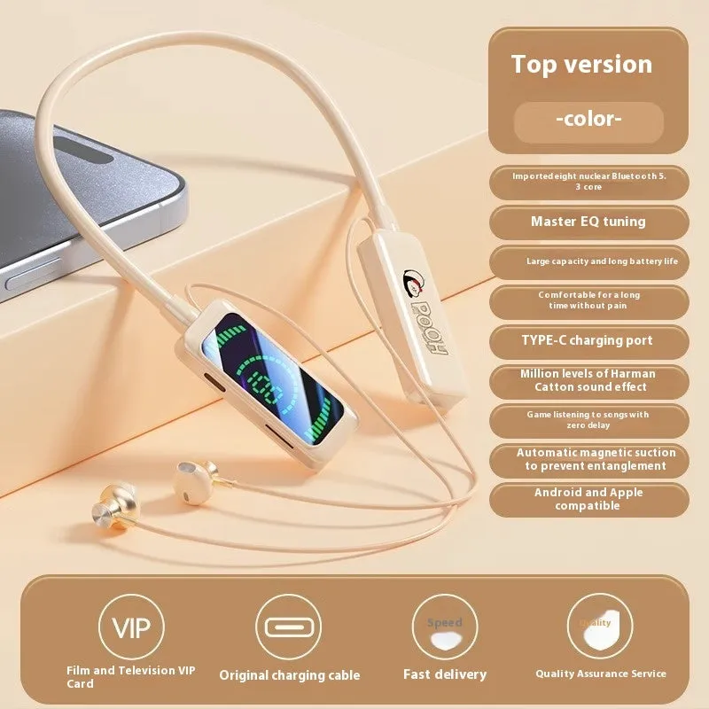 Neck-mounted wireless Bluetooth headset with digital display, in black, skin colour, or orange, PC ABS construction