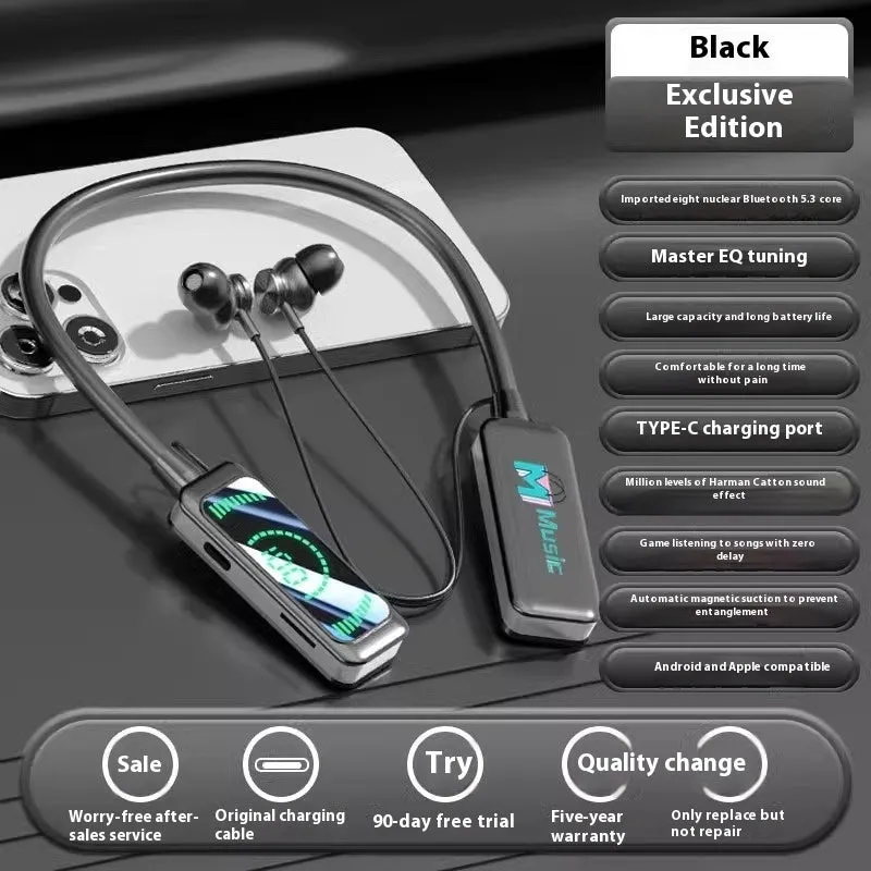 Neck-mounted wireless Bluetooth headset with digital display, in black, skin colour, or orange, PC ABS construction