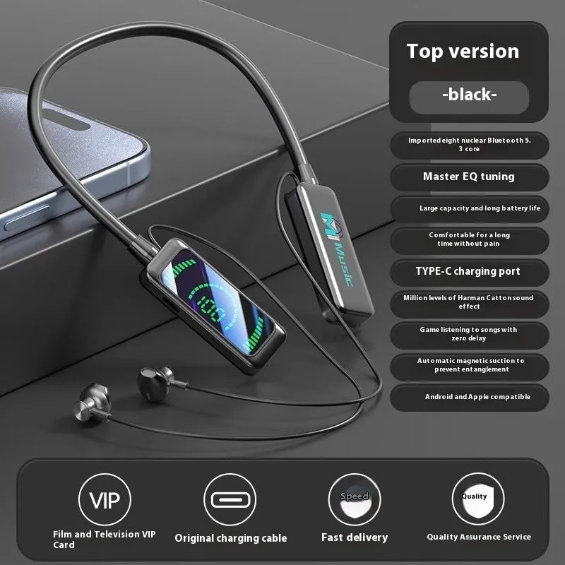 Neck-mounted wireless Bluetooth headset with digital display, in black, skin colour, or orange, PC ABS construction