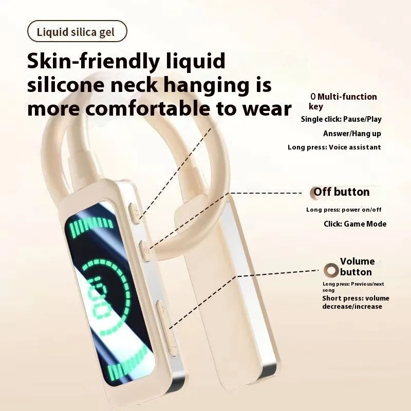 Neck-mounted wireless Bluetooth headset with digital display, in black, skin colour, or orange, PC ABS construction