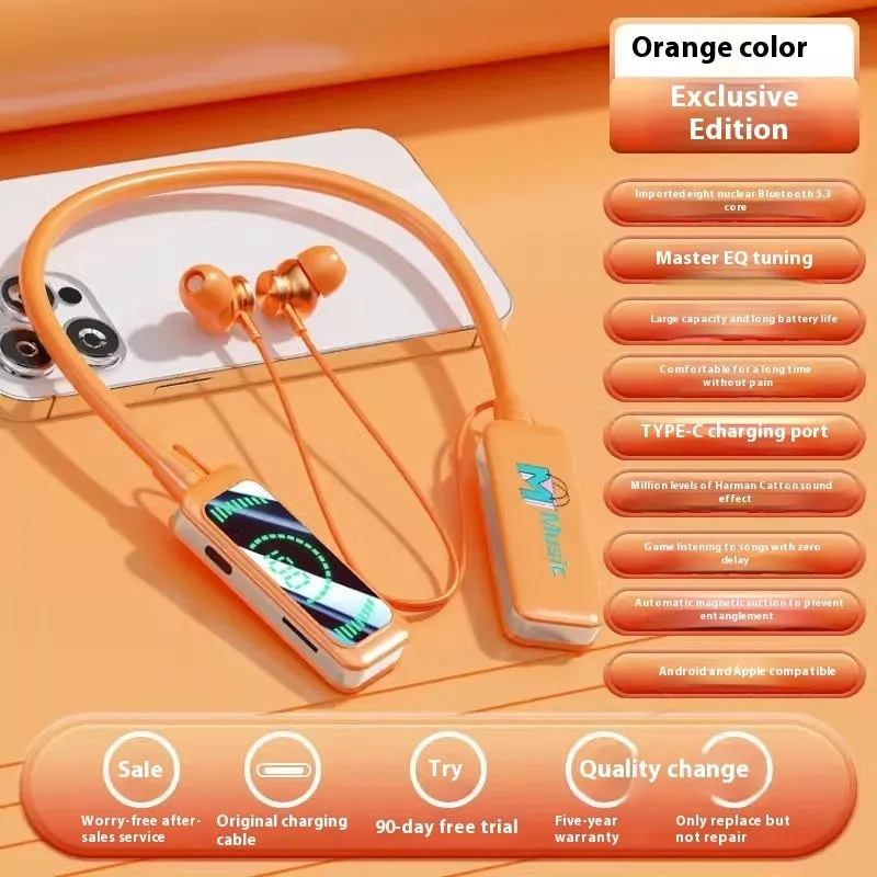 Neck-mounted wireless Bluetooth headset with digital display, in black, skin colour, or orange, PC ABS construction