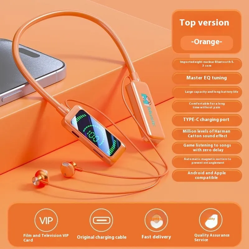 Neck-mounted wireless Bluetooth headset with digital display, in black, skin colour, or orange, PC ABS construction
