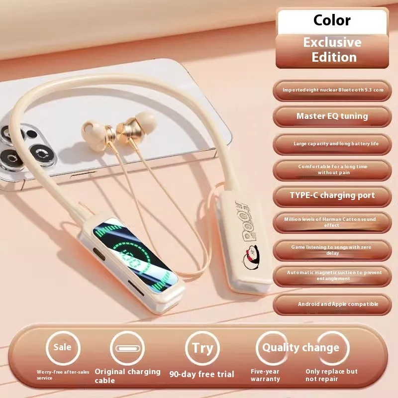 Neck-mounted wireless Bluetooth headset with digital display, in black, skin colour, or orange, PC ABS construction