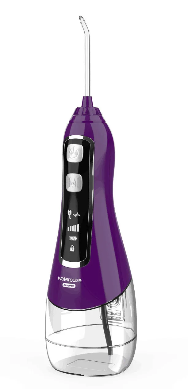 V580 portable electric dental irrigator with 320ml water tank in white, black, blue, and purple options