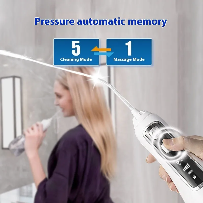 V580 portable electric dental irrigator with 320ml water tank in white, black, blue, and purple options