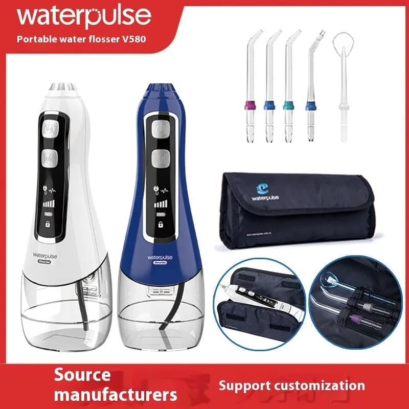 V580 portable electric dental irrigator with 320ml water tank in white, black, blue, and purple options