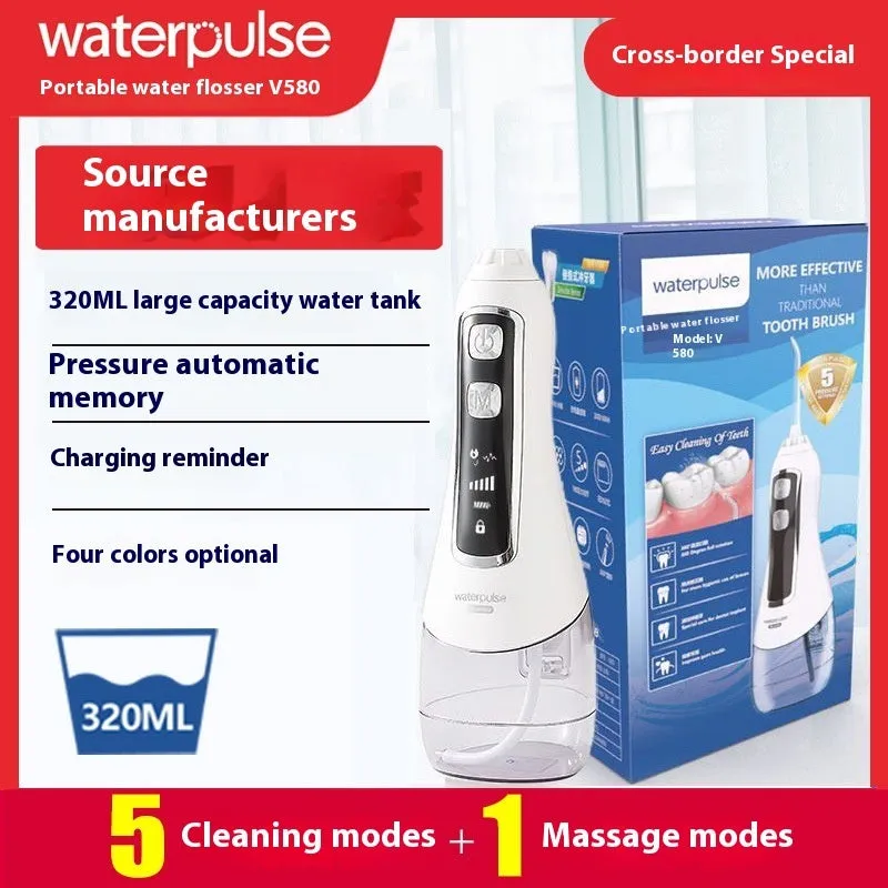 V580 portable electric dental irrigator with 320ml water tank in white, black, blue, and purple options