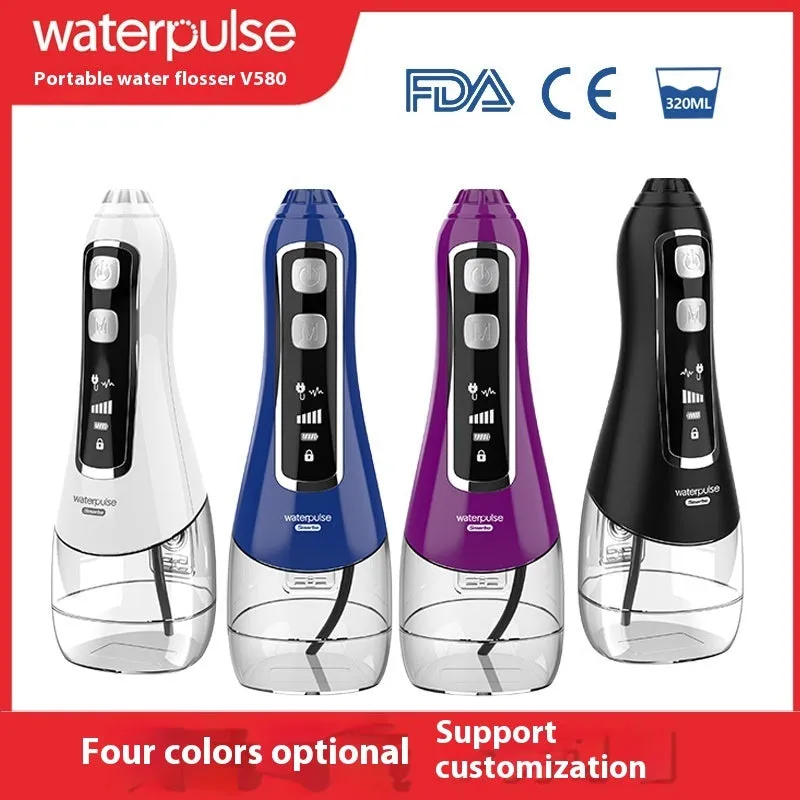 V580 portable electric dental irrigator with 320ml water tank in white, black, blue, and purple options