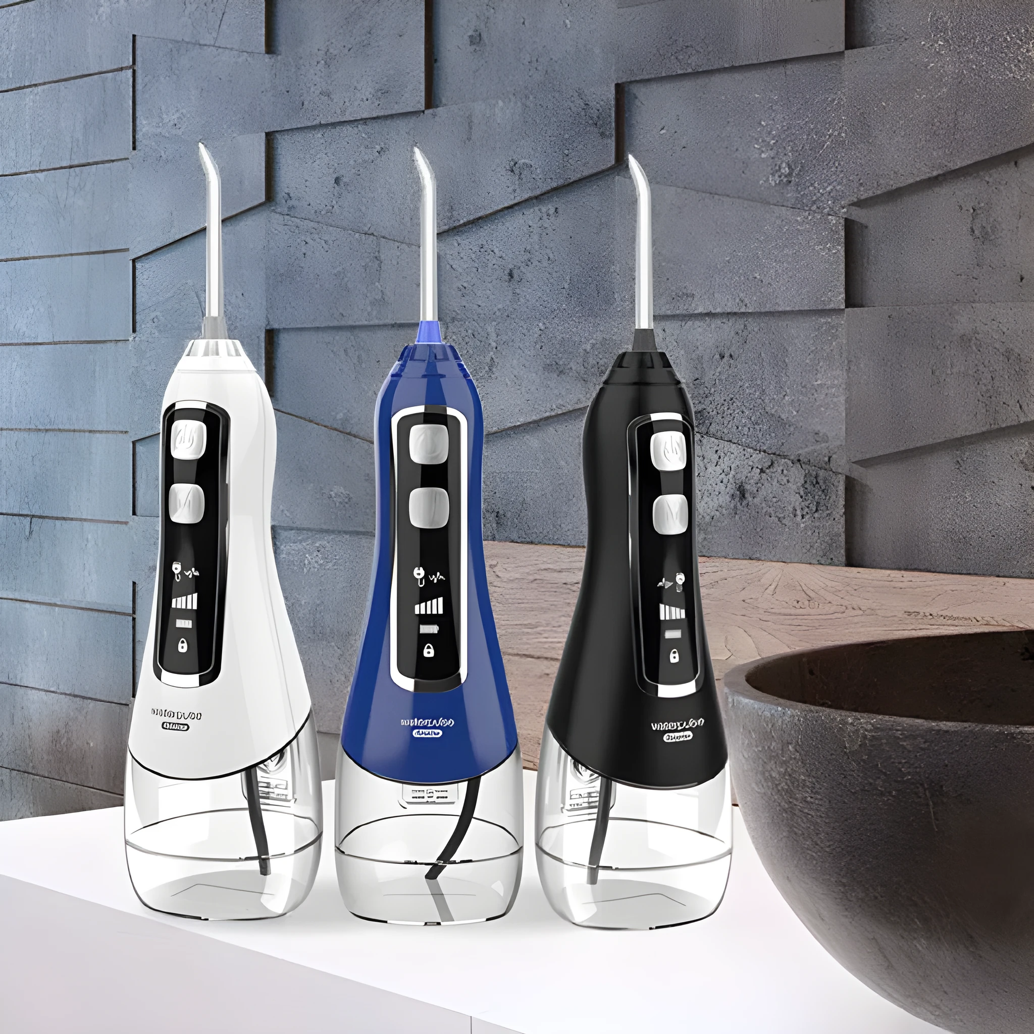 V580 portable electric dental irrigator with 320ml water tank in white, black, blue, and purple options